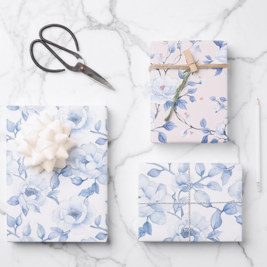 Feuille De Papier Cadeau Mariage Chic Fleurs Bleu Blanc (Recto)