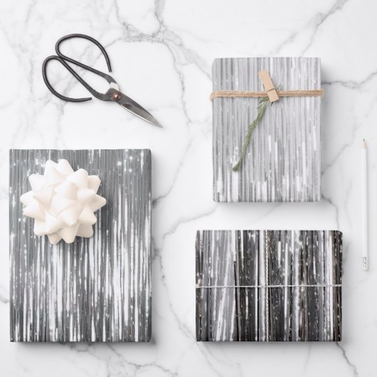 Feuille De Papier Cadeau Mariage de rayures en argent Glam (Recto)