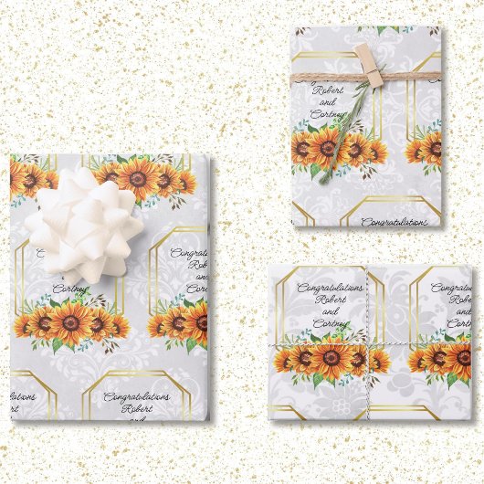 Feuille De Papier Cadeau Mariage de tournesol Noms personnalisés sur Damask