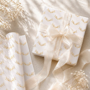 Feuille De Papier Cadeau Mariage Élégant Couronne Florale Blanche et Or