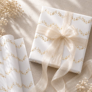 Feuille De Papier Cadeau Mariage Élégant Guirlande Florale Blanche et Or