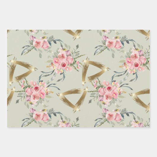 Feuille De Papier Cadeau Mariage Fleur Rose Pâle Or Tendre (Devant)