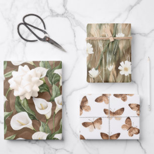Feuille De Papier Cadeau Mariage Fleuriste Fleur de Lys Brun Blanc