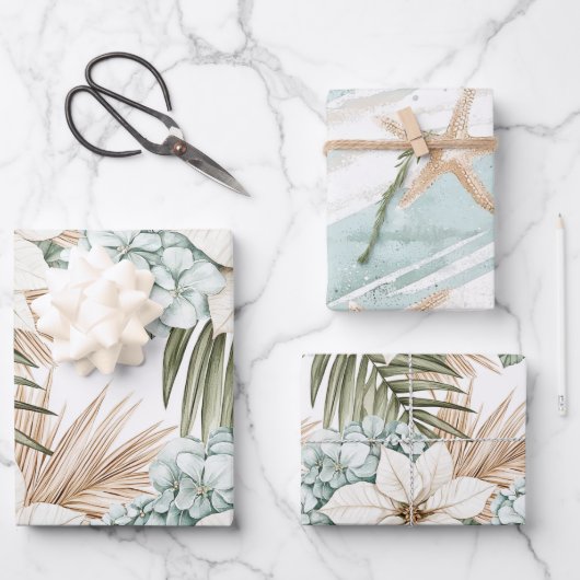 Feuille De Papier Cadeau Mariage Fleurs Blanches Bleues Tropical (Recto)