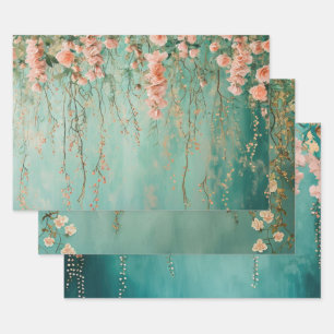 Feuille De Papier Cadeau Mariage Fleurs Teinte Romantique Sarcelle