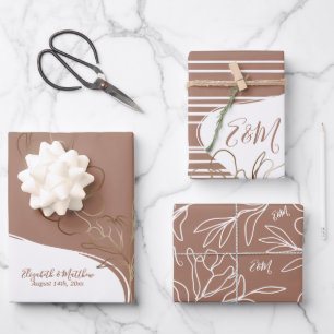 Feuille De Papier Cadeau Mariage Floral Brun Mocha Monogramme Personnalisé 