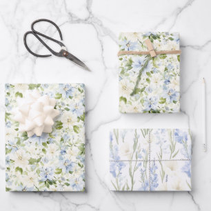 Feuille De Papier Cadeau Mariage Floral Crème Bleu