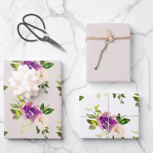 Feuille De Papier Cadeau Mariage floral rose crème Bourgogne (Recto)