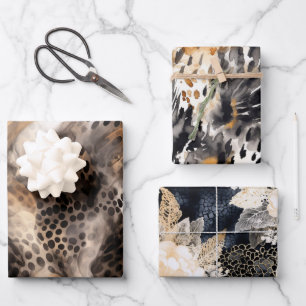 Feuille De Papier Cadeau Mariage Journé Black Cream Léopard Animal Floral