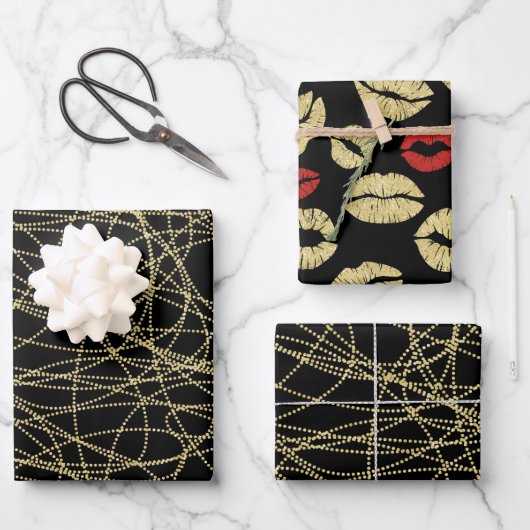 Feuille De Papier Cadeau Mariage Noir Or Abstrait Lèvres Rouges (Recto)