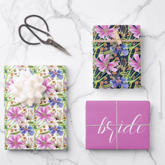 Feuille De Papier Cadeau Mariage nuptial rose et bleu Cosmos (Recto)