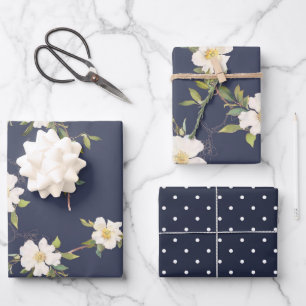 Feuille De Papier Cadeau Mariage romantique bleu marine blanc floral