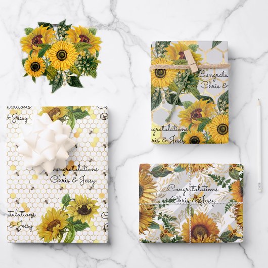 Feuille De Papier Cadeau Mariage Sunflowers & Bees Ajouter des noms 3 Cadea