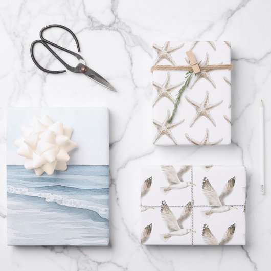 Feuille De Papier Cadeau Mariage sur la plage océane bleue (Recto)