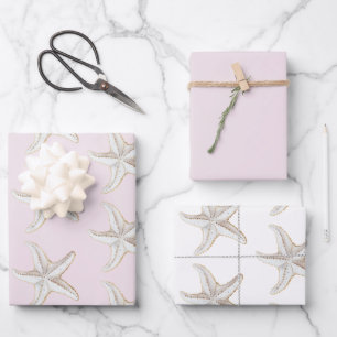 Feuille De Papier Cadeau Mariage sur la Plage Rose Pâle Étoile de Mer Dorée