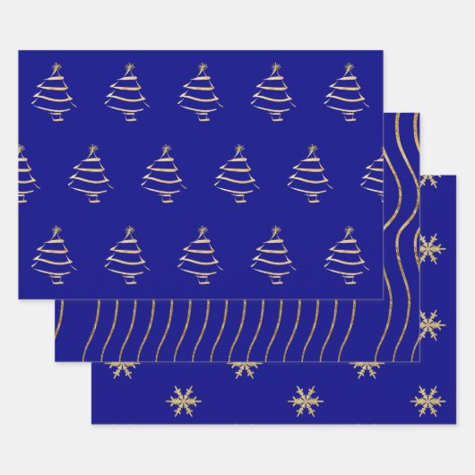 Feuille De Papier Cadeau Marine Gold Christmas Tree Snowflake Wavy Lines (Lot)