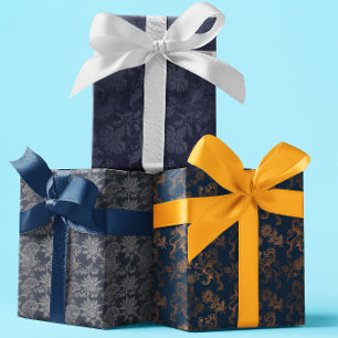 Feuille De Papier Cadeau Marine Ornate Damask Motif bleu