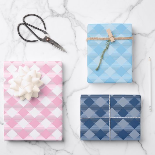 Feuille De Papier Cadeau Marine, rose et bleu plaid (Recto)