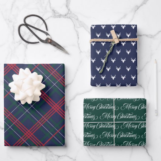 Feuille De Papier Cadeau Marque classique bleu Tartan Plaid Joyeux Noël (Recto)
