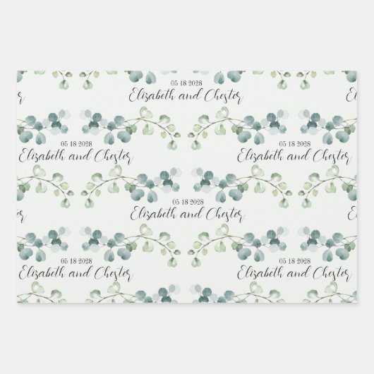 Feuille De Papier Cadeau Marque Mariage Eucalyptus Vert Sage Lumière (Devant 3)