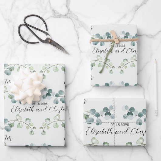 Feuille De Papier Cadeau Marque Mariage Eucalyptus Vert Sage Lumière (Recto)