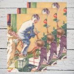 Feuille De Papier Cadeau Matin de Noël Vintage, Enfants avec Présents<br><div class="desc">Illustration vintage Joyeuse image de Noël avec des frères et soeurs heureux. Les enfants ouvrent des cadeaux sous l'arbre le matin de Noël. La fille reçoit une poupée et les garçons reçoivent un vélo et un train. BONNES FÊTES !</div>