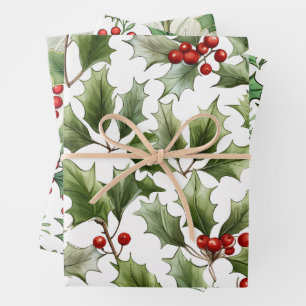Feuille De Papier Cadeau Mélange de Motif de Noël traditionnel, Holly
