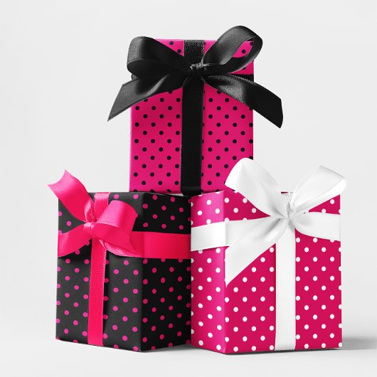 Feuille De Papier Cadeau Mélange de points Polka noir et rose chaud