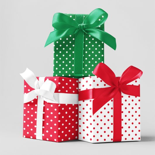 Feuille De Papier Cadeau Mélange de points Polka vert rouge et blanc