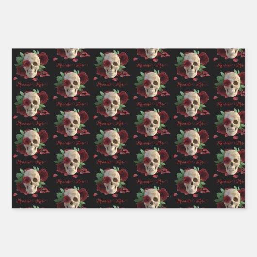 Feuille De Papier Cadeau Memento Mori. Crâne aux roses rouges (Devant 2)