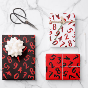 Feuille De Papier Cadeau Mentionnettes Numéros Blanc Rouge Noir Motif Mathé