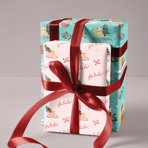 Feuille De Papier Cadeau Meowy Chat Noël Sleigh Village d'hiver Scène