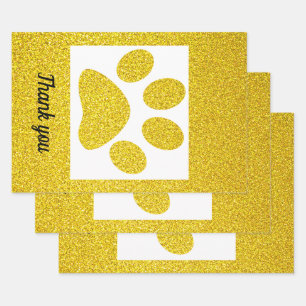 Feuille De Papier Cadeau Merci Empreintes de Patte Pailletées Or Vacances M