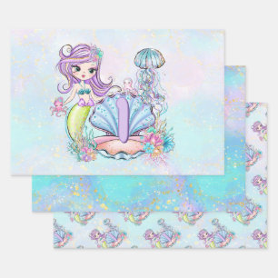 Feuille De Papier Cadeau Mermaid Sea Life   Fête d'anniversaire avec âge pe