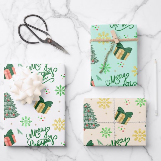 Feuille De Papier Cadeau Merry Christmas Gift–Festive Tree & Present (Recto)