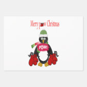 Feuille De Papier Cadeau Merry Christmas Penguin Boxing Gloves Green Bow (Devant)
