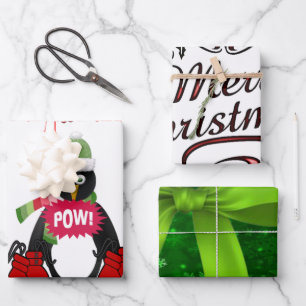 Feuille De Papier Cadeau Merry Christmas Penguin Boxing Gloves Green Bow