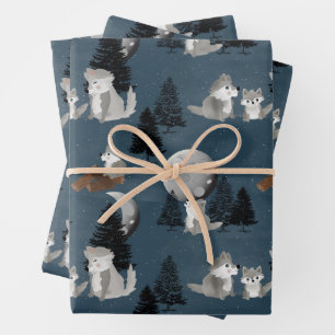 Feuille De Papier Cadeau Meute de loups mignons ciel nocturne bois lune