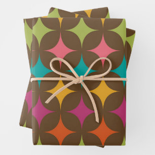 Feuille De Papier Cadeau Mi-siècle Coloré Starbursts sur Brown