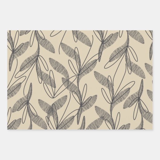 Feuille De Papier Cadeau Mi-siècle Moderne Rétro Botanique Gris Beige (Devant)