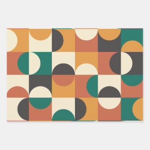 Feuille De Papier Cadeau Mid Century Moderne demi cercles vert et orange