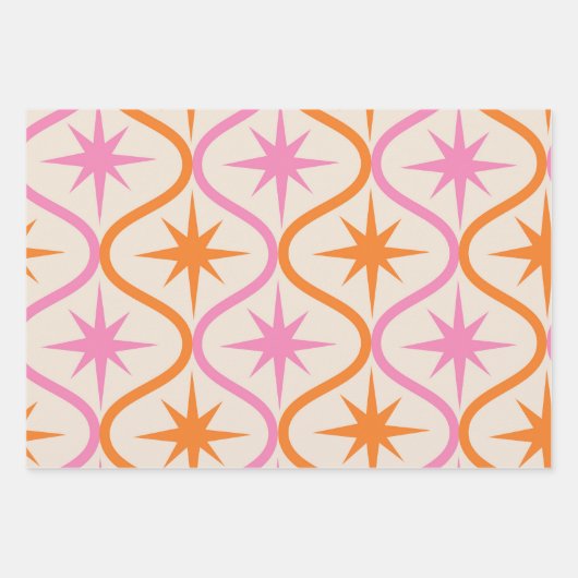 Feuille De Papier Cadeau Mid Century Orange rose Starburburs sur Ogee Motif (Devant)
