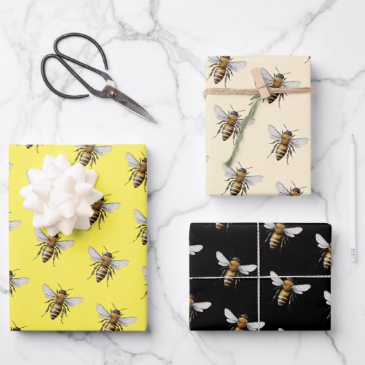 Feuille De Papier Cadeau Miel Abeille Motif Jaune Noir (Recto)