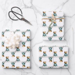 Feuille De Papier Cadeau Mignon ours en peluche sur des nuages ​​duveteux e