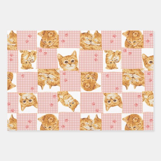 Feuille De Papier Cadeau mignon tabby chat plaid patchwork rose motif (Devant)