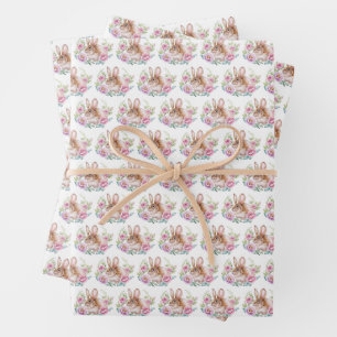 Feuille De Papier Cadeau Mignonne Bunny en Watecolor et Motif de fleurs ros