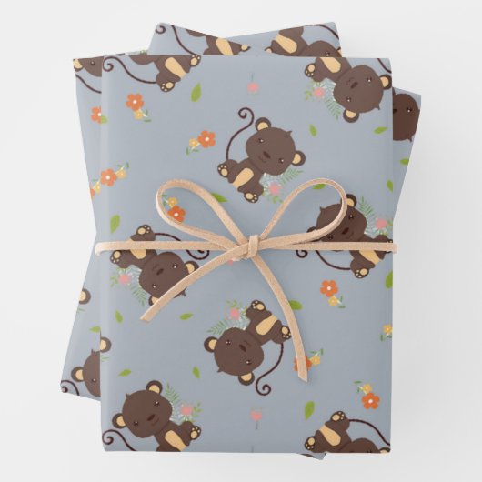 Feuille De Papier Cadeau Mignonne petit singe brun bleu floral (En situation)