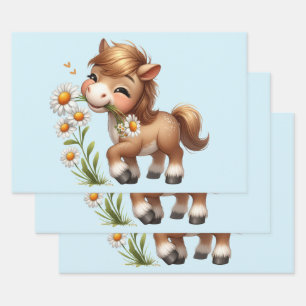 Feuille De Papier Cadeau Mignonne Pony Mange Manger Des Marguerites