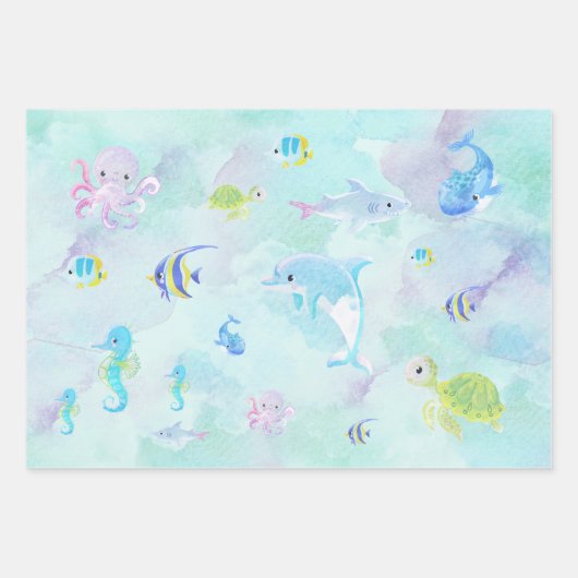 Feuille De Papier Cadeau Mignonne sous l'aquarelle de mer (Devant)