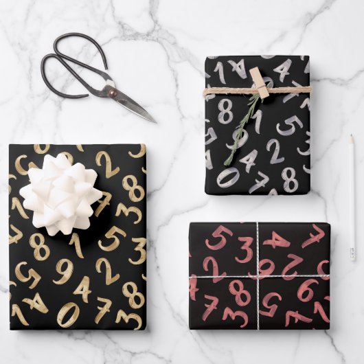 Feuille De Papier Cadeau Mignons numéros Rose noir or Motif mathématiques (Recto)